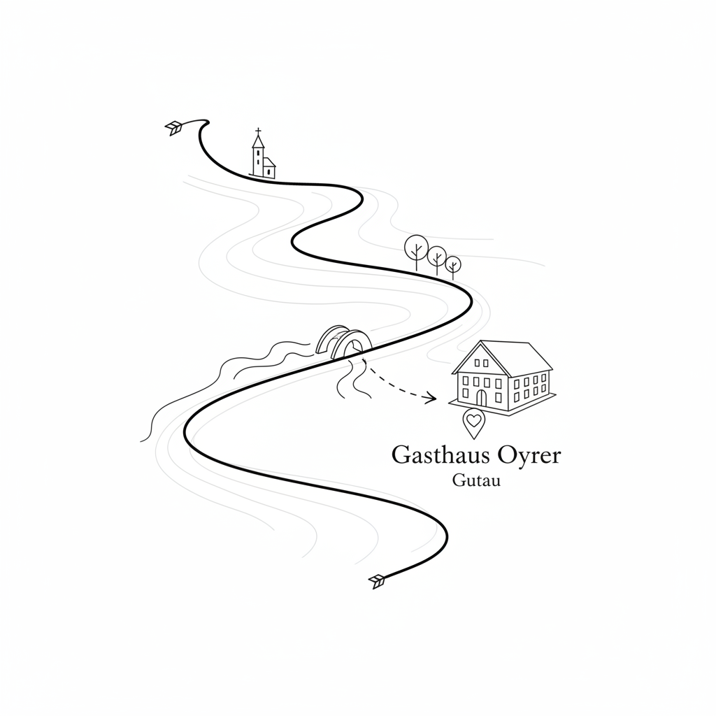 Stylish line-art map vignette showing the route to Gasthaus Oyrer in Gutau. Clean, flowing lines trace a main road winding through gently indicated hills, with small, symbolic icons for a church tower, a bridge, and a cluster of trees as landmarks. The destination is marked by a discreet outline of the inn and a small, elegant heart-shaped pin. The background is mostly white, with only subtle contour lines for landscape. Soft, even lighting is implied with minimal shading, focusing on clarity. The composition is top-down, slightly zoomed out, feeling organized, calm, and sophisticated, ideal for a wedding directions section in a modern line-art aesthetic.