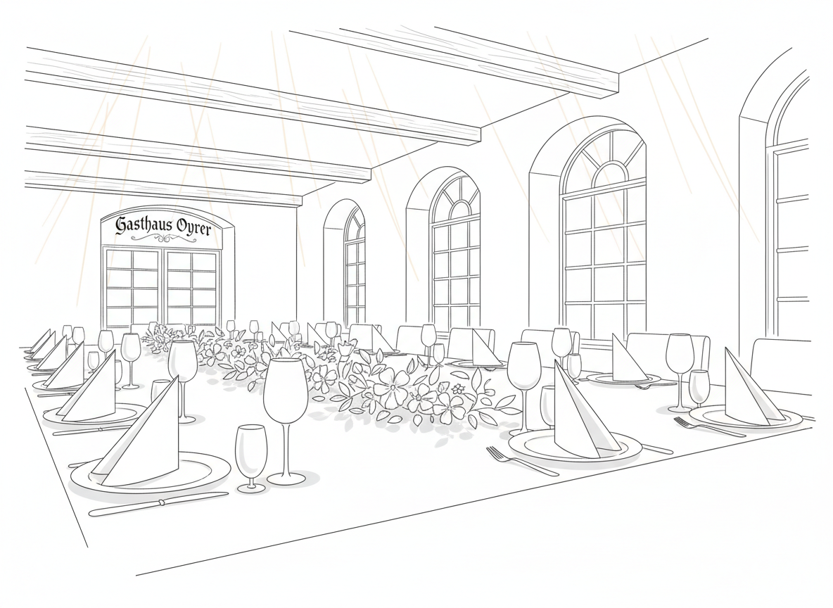 Tasteful line-art illustration of a long, elegantly set banquet table prepared for a wedding dinner at a countryside inn. The table features neatly outlined plates, slender wine glasses, and folded napkins, with a continuous garland of leaves and small flowers running down the center. Simplified wooden beams and windows in the background subtly suggest an interior of the Gasthaus Oyrer without overwhelming detail. Soft, warm overhead lighting is implied through gentle downward hatching, casting delicate shadows beneath the tableware. Captured at a slightly diagonal, eye-level angle, the composition leads the viewer’s gaze along the table length, creating a sophisticated, intimate, and celebratory atmosphere in clean, monochrome line-art.