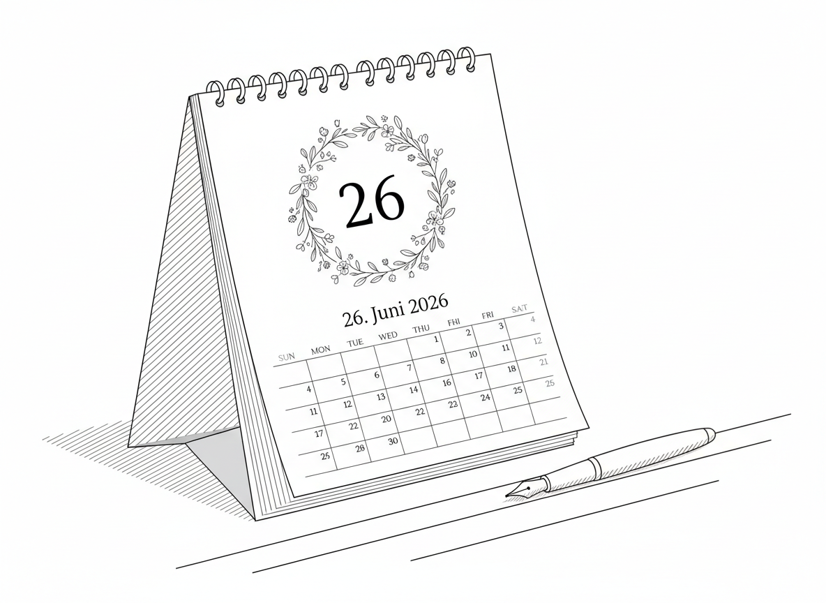 Minimalist line-art calendar page highlighting the date 26. Juni 2026, with the day elegantly circled by a hand-drawn wreath of tiny leaves and blossoms. The calendar grid is clean and modern, resting on a stylized desk surface suggested by a few parallel lines and a neatly outlined fountain pen nearby. Soft, ambient studio light is indicated by gentle hatching on one side of the objects, creating a subtle sense of depth. The composition uses a slightly elevated angle and abundant white space, emphasizing clarity and anticipation. The mood is expectant and organized yet romantic, with refined, thin black lines and a sophisticated, contemporary aesthetic.