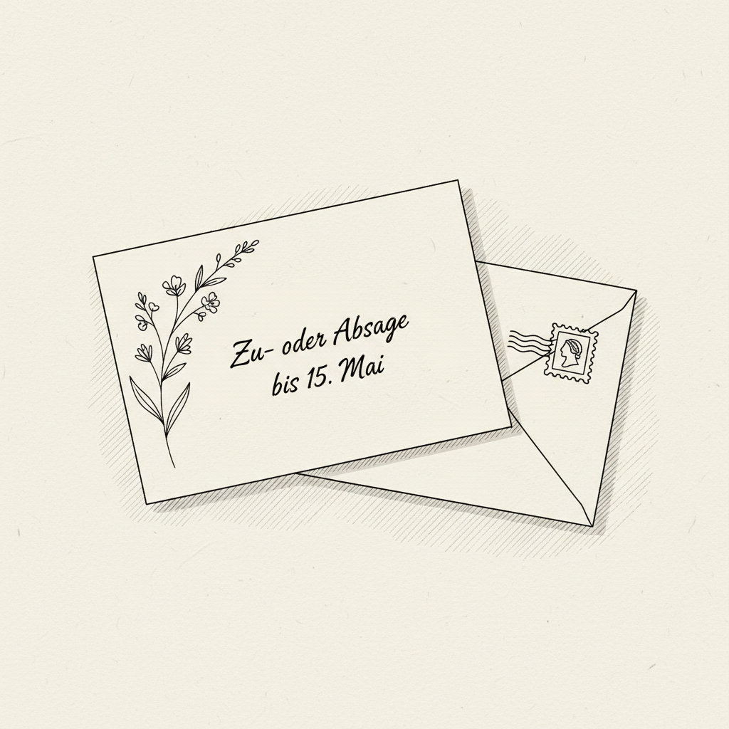 Graceful line-art depiction of an RSVP card lying partially atop an envelope, the card printed with a simple “Zu- oder Absage bis 15. Mai” text in elegant script. A finely drawn sprig of wildflowers decorates one corner, and a small, classic postage stamp is indicated with a few precise lines. The stationery rests on a textured paper surface hinted at by light cross-hatching. Soft, side-lit illumination is suggested by shadows extending delicately to one side, adding depth. The composition is close-up and centered, with shallow implied depth through bolder foreground lines. The mood is polite, inviting, and refined, rendered in a sophisticated, minimalist line-art style.