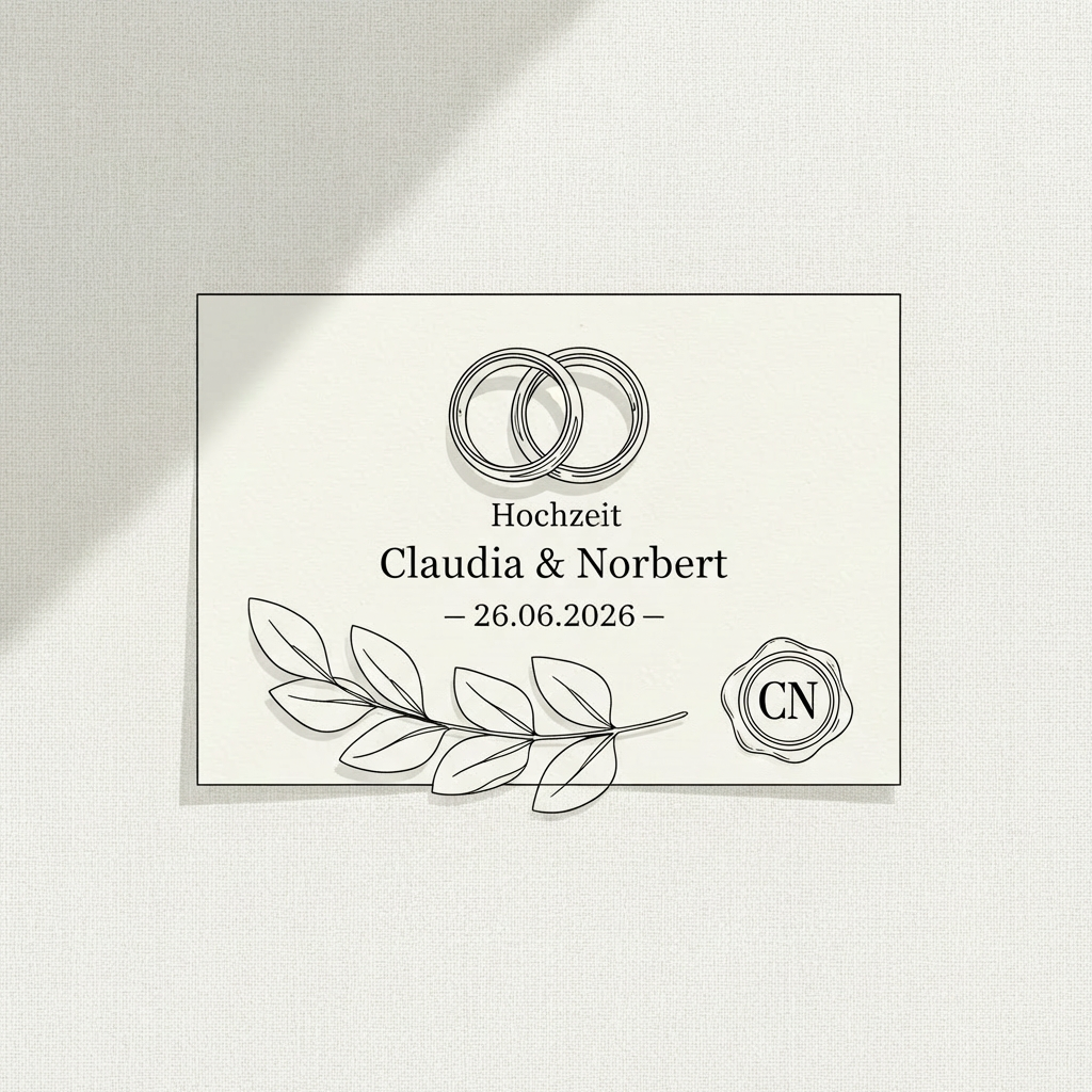 Elegant line-art illustration of two intertwined wedding rings resting on a finely textured invitation card that reads “Hochzeit Claudia & Norbert – 26.06.2026”. The card lies on a minimalist linen tablecloth, next to a subtle sprig of eucalyptus and a delicate wax seal bearing a simple monogram. Soft, diffused daylight from an unseen window casts gentle, linear shadows that complement the clean ink lines. The composition is centered with generous negative space, eye-level perspective, and crisp outlines. The mood is sophisticated, calm, and timeless, with a restrained black-and-ivory palette in refined, minimalist line-art style suitable for a wedding website hero image.